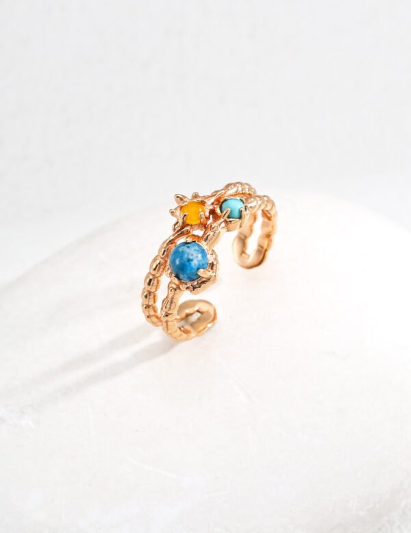 S925 Sterling Silver Vintage Synthetic Turquoise, Yellow Agate, and Apatite Ring - "Starry Night Dream" - Image 2