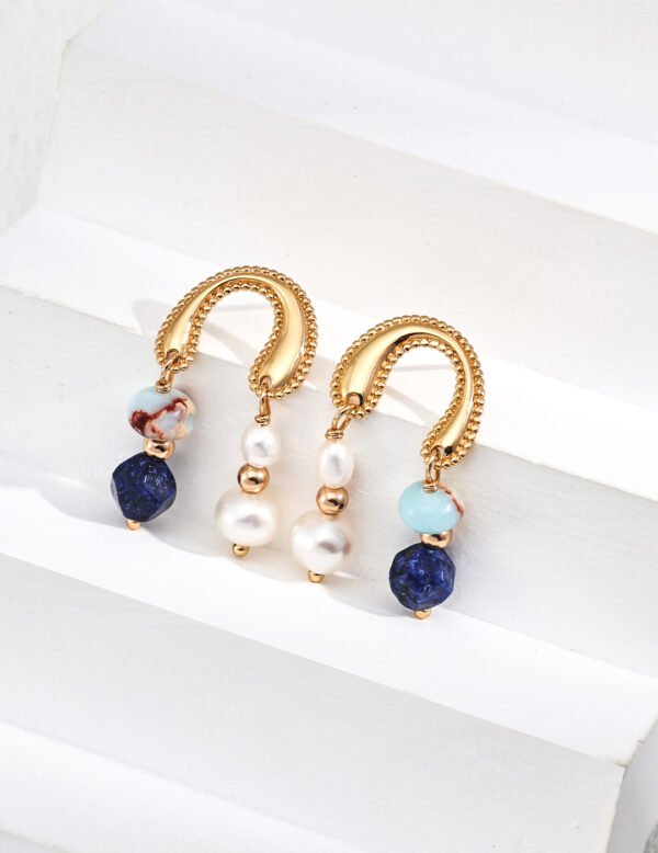 S925 Sterling Silver Minimalist Natural Pearl, Lapis Lazuli, and Shoushan Stone Earrings