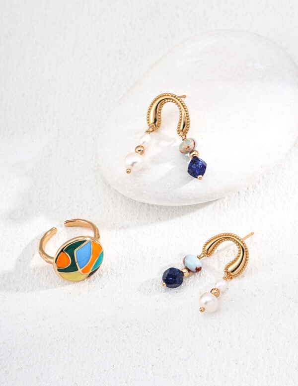 S925 Sterling Silver Minimalist Natural Pearl, Lapis Lazuli, and Shoushan Stone Earrings - Image 2