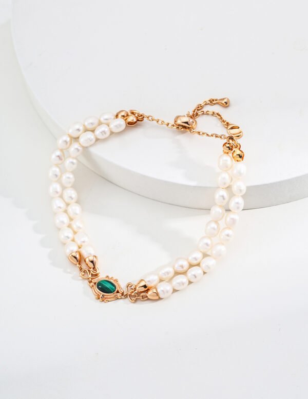 S925 Sterling Silver Minimalist Natural Pearl and Malachite Bracelet - Image 4