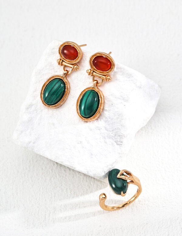 S925 Sterling Silver Vintage Malachite and Red Agate Earrings - Image 3