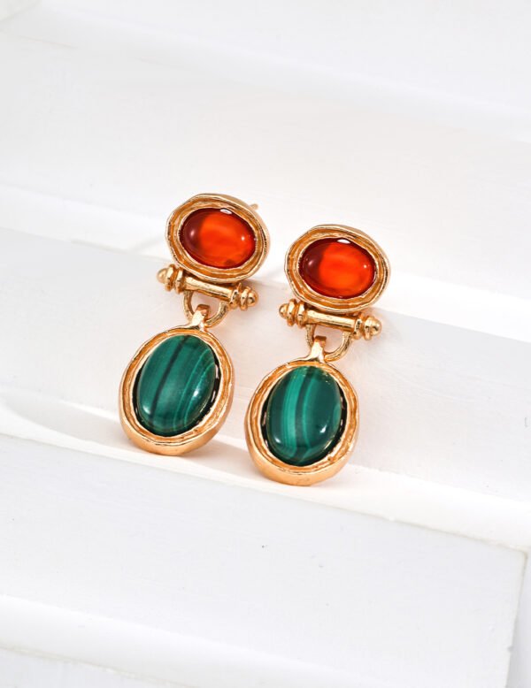 S925 Sterling Silver Vintage Malachite and Red Agate Earrings - Image 2