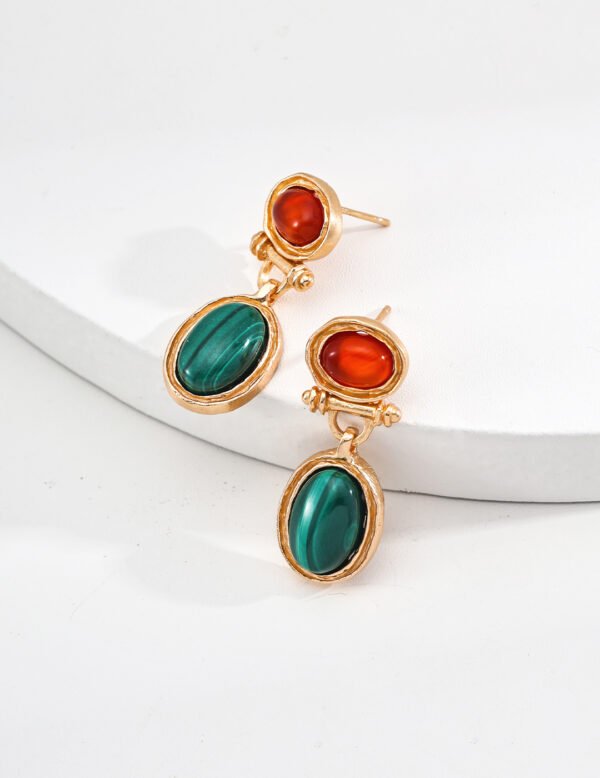 S925 Sterling Silver Vintage Malachite and Red Agate Earrings