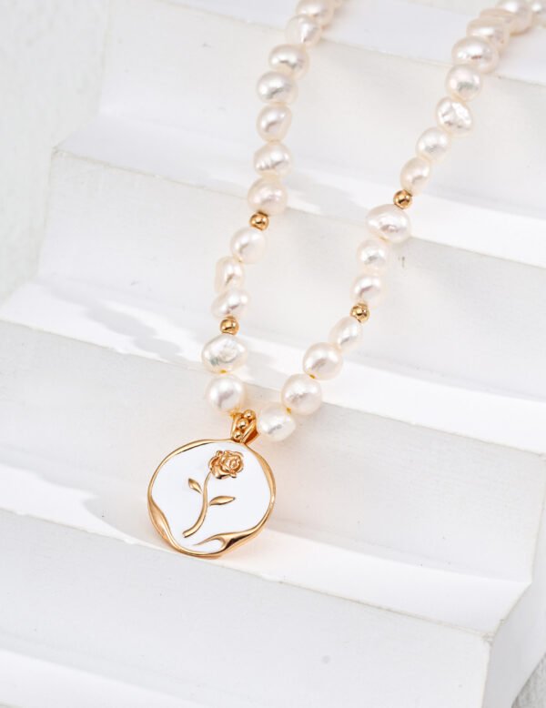 S925 Sterling Silver Minimalist Natural Pearl and Enamel Rose Pendant Necklace