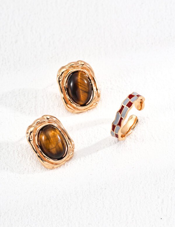 S925 Sterling Silver Vintage Natural Tiger's Eye Earrings - Image 4