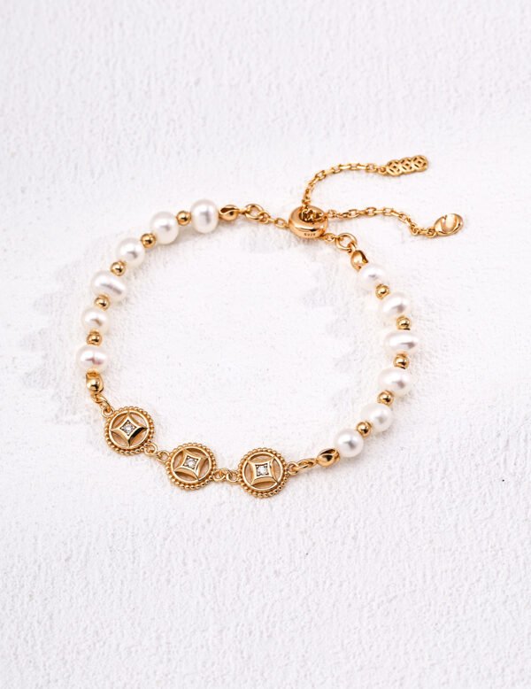 "Money Abundance" Series S925 Sterling Silver Zircon and Pearl Bracelet / Hairline Gold Bracelet - Image 4