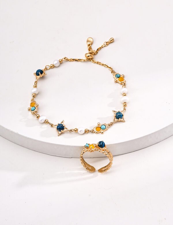 S925 Sterling Silver Vintage Natural Pearl, Turquoise, and Chalcedony Bracelet - Image 3