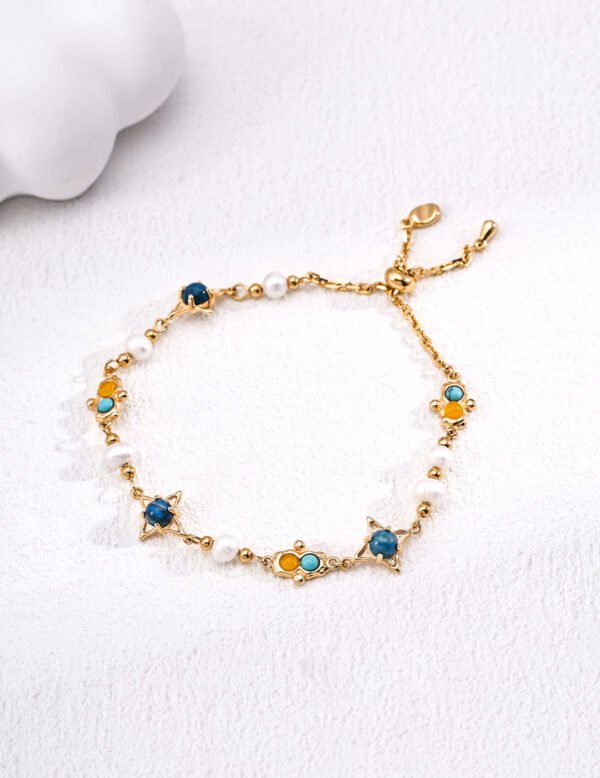 S925 Sterling Silver Vintage Natural Pearl, Turquoise, and Chalcedony Bracelet - Image 4