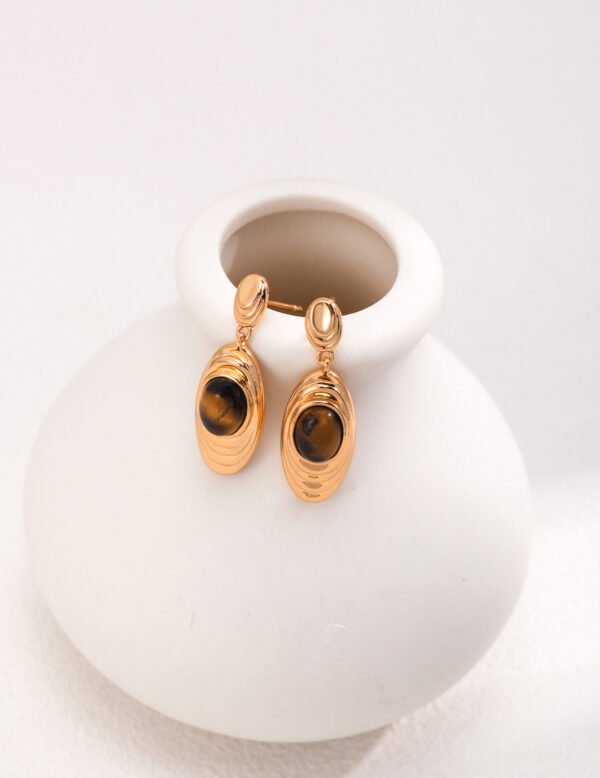 Tiger's Eye Earrings in Caramel Color with Ethnic Design - Image 3