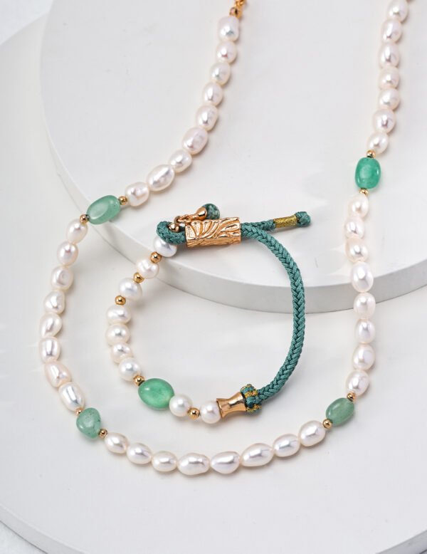 Natural Pearl Necklace with Jade Accents - Image 7