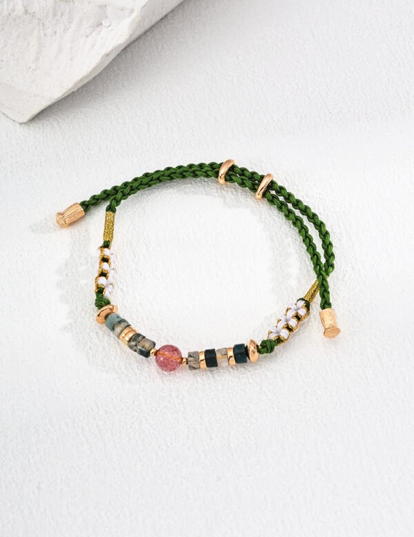 S925 Sterling Silver Vintage Strawberry Quartz and Water Moss Agate Macrame Bracelet - Image 4