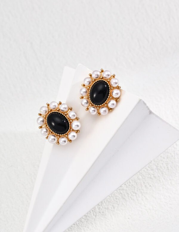 S925 Sterling Silver Design-Inspired Black Onyx and Imitation Pearl Earrings