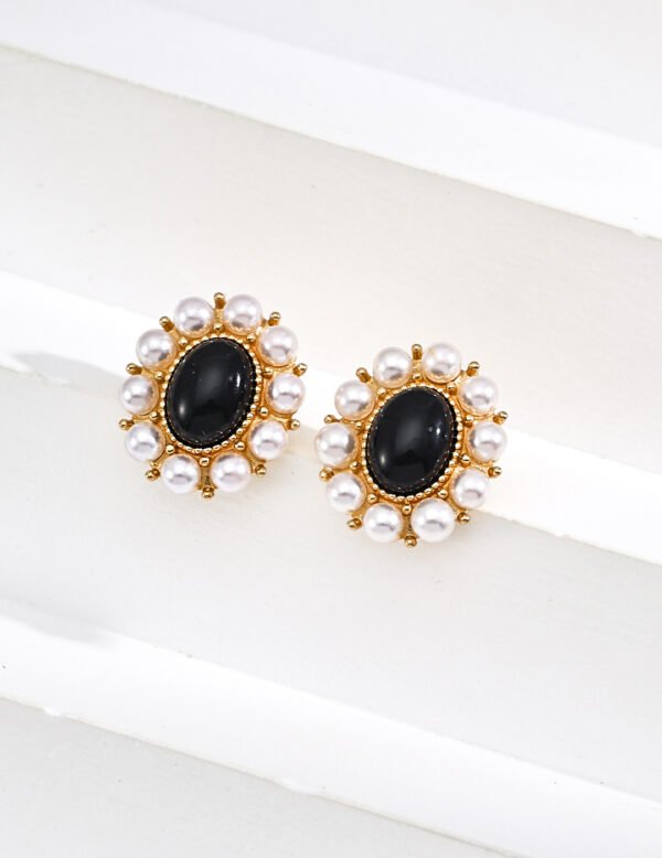 S925 Sterling Silver Design-Inspired Black Onyx and Imitation Pearl Earrings - Image 2