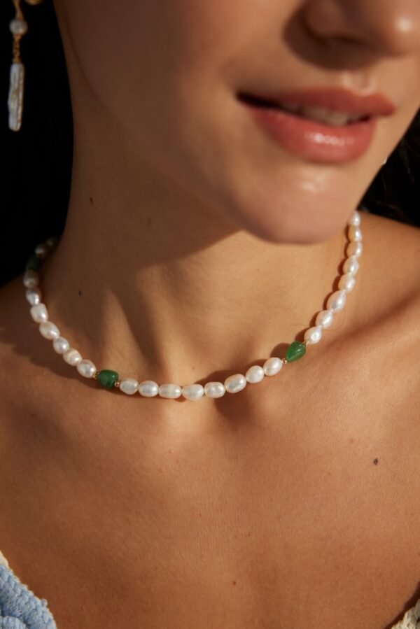 Natural Pearl Necklace with Jade Accents - Image 3