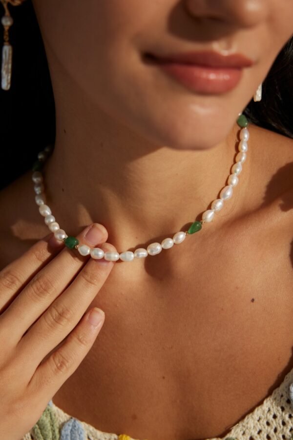 Natural Pearl Necklace with Jade Accents - Image 4