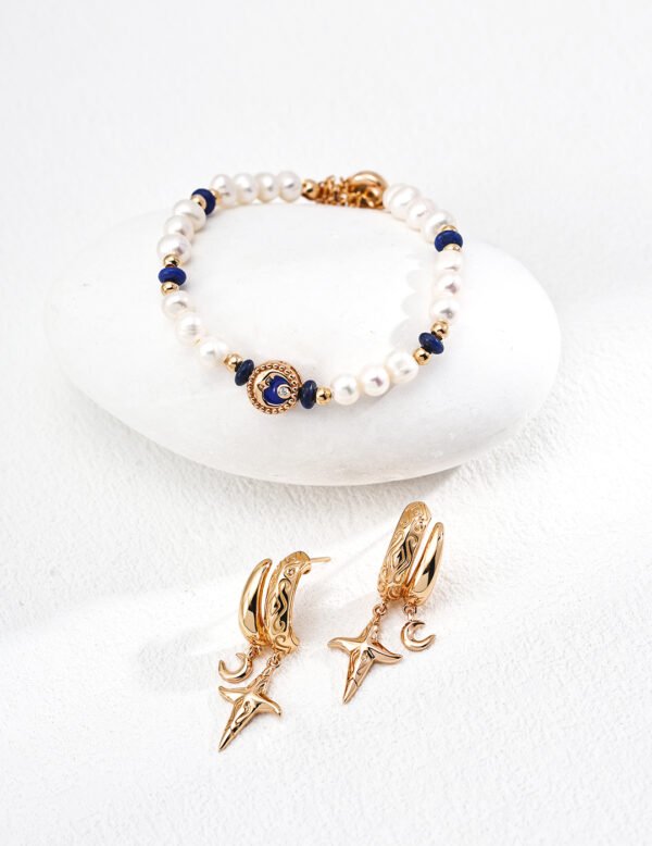 S925 Sterling Silver Vintage Natural Pearl & Lapis Lazuli Bracelet - Image 4