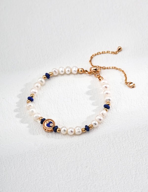 S925 Sterling Silver Vintage Natural Pearl & Lapis Lazuli Bracelet