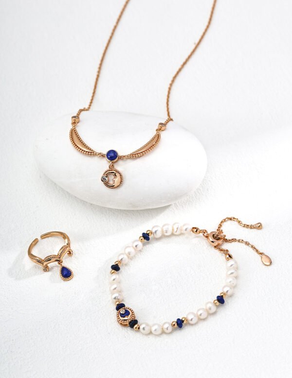 S925 Sterling Silver Vintage Natural Pearl & Lapis Lazuli Bracelet - Image 3