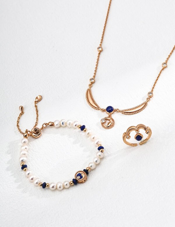S925 Sterling Silver Vintage Natural Pearl & Lapis Lazuli Bracelet - Image 2